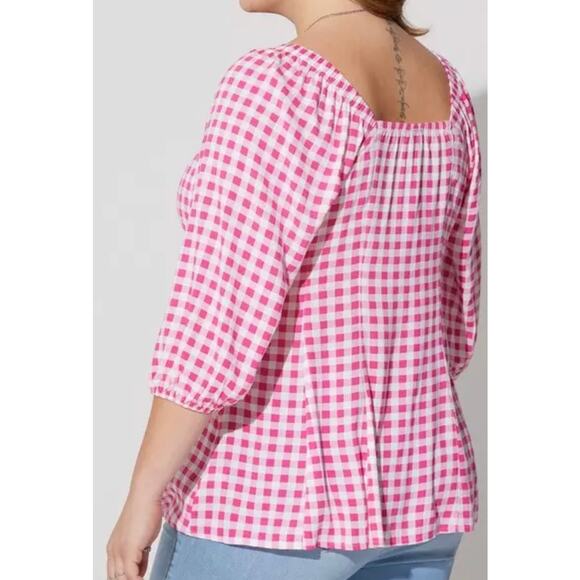Torrid Fit & Flare Rayon Slub Button Up 3/4 Sleeve Gingham Peasant Top Size 1X - Picture 9 of 15